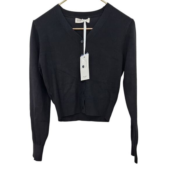 New NWT Grace‎ Karin Classic Black Thin Cardigan Sweater Size Small - Picture 1 of 11